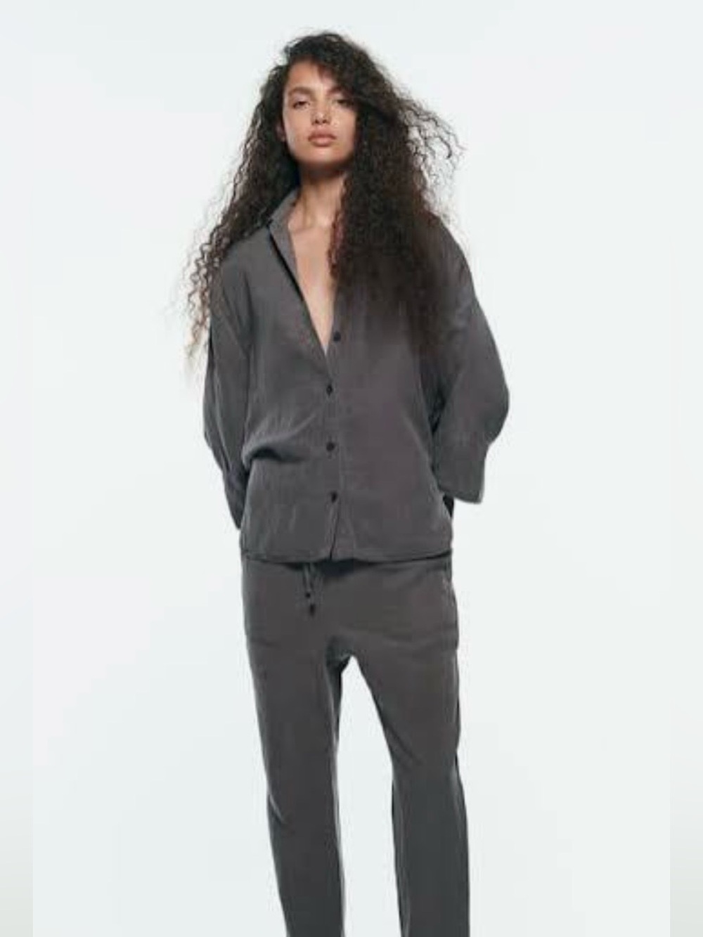 Zara Tan gray  slouchy linen pant top  Set Large